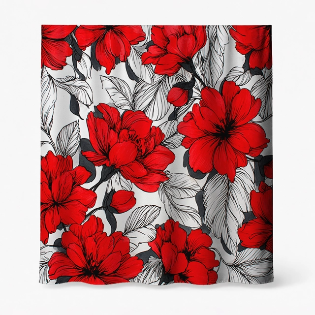 Badeforhæng – blomstermotiv med store røde blomster, sorte striber og gyldne centre på sort/hvid baggrund.