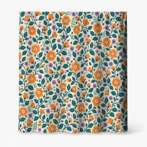 Badeforhæng – blomsterdesign med store orange og lilla blomster samt grønne og blågrønne blade på mat stof.