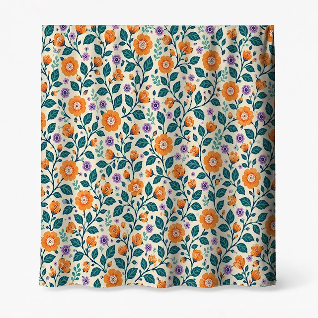 Badeforhæng – blomsterdesign med store orange og lilla blomster samt grønne og blågrønne blade på mat stof.