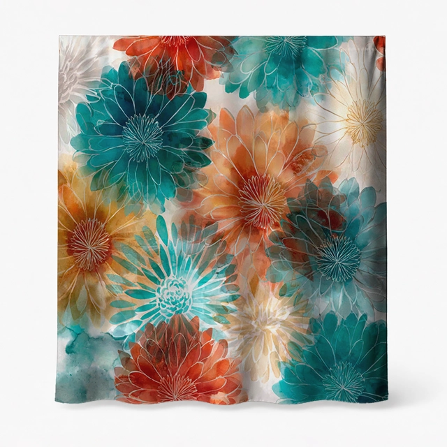 Badeforhæng – blomstermotiv med store kronblade i aqua, turkis, orange og gule toner på glat stof.