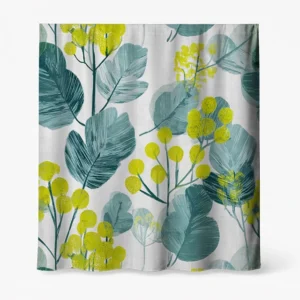 Badeforhæng – botanisk mønster med store havblå og lysegrå blade samt gule blomsterklynger på hvid baggrund.