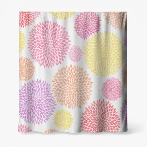 Badeforhæng – farverige, grafiske blomstermotiver i orange, gul, lilla og pink på hvid baggrund.