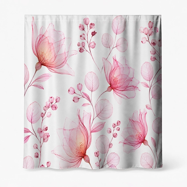 Badeforhæng – blomstermotiv med store blomster, blade og bær i rosa, lilla, magenta og pastel nuancer.