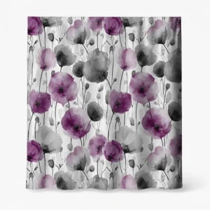 Badeforhæng – kunstnerisk blomstermotiv i akvarelstil med lilla, grå, sort på hvid baggrund.