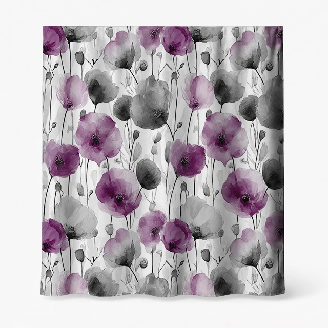 Badeforhæng – kunstnerisk blomstermotiv i akvarelstil med lilla, grå, sort på hvid baggrund.