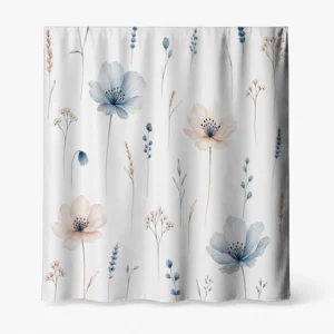 Badeforhæng – blødt blomstermotiv med beige, rødbrune og blå blomster på hvid baggrund.