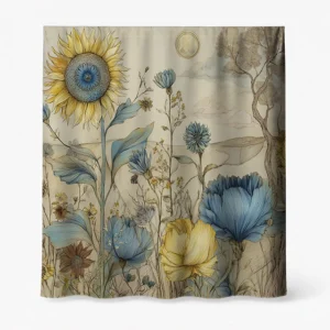 Badeforhæng – naturinspireret med solsikke, blomster og blade i gule, creme, blå og grønne nuancer.