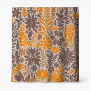 Badeforhæng – blomstermotiv med orange, brun og grålige toner i tæt, stiliseret plantecomposition.