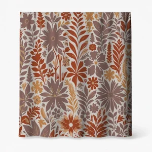Badeforhæng – tæt mønster af blomster og planter i nuancer af brun, beige, taupe og grå med detaljerede kronblade og løv.