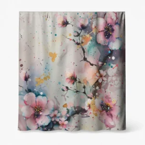 Badeforhæng – blomstermotiv med store røde, pink og hvide blomster på blå, grå og gylden baggrund med sorte grene.