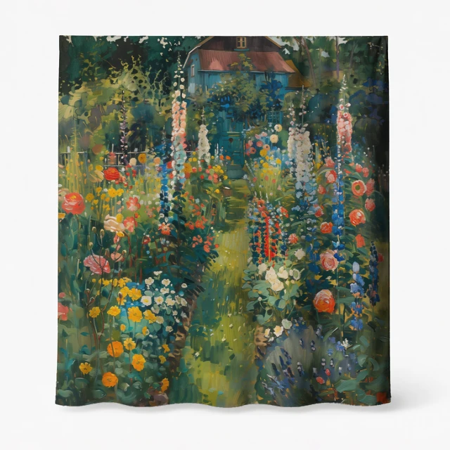 Badeforhæng – impressionistisk motiv med sti, blå hus, blomster i rød, orange, gul, blå og grøn.