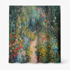 Badeforhæng – impressionistisk havegang med blomster, grønne, gule, blå og røde nuancer på glat materiale.