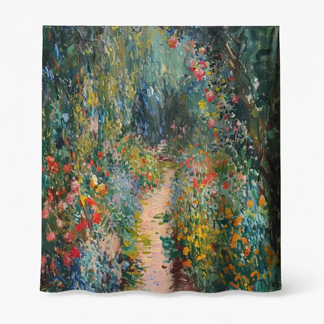 Badeforhæng – impressionistisk havegang med blomster, grønne, gule, blå og røde nuancer på glat materiale.