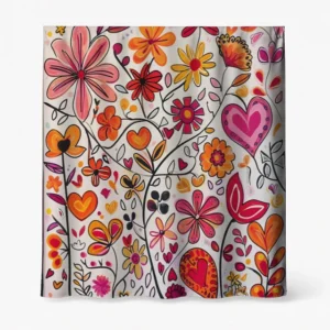 Badeforhæng – farverigt motiv med blomster og hjerter i pink, orange, rød og solgul med mørke konturer.