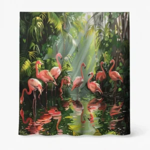 Badeforhæng – tropisk skov med grønne palmeblade og pink flamingoer ved vandoverflade med reflekser.