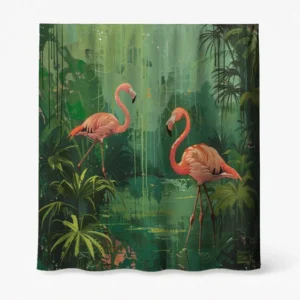 Badeforhæng – tropisk motiv med to rødlige flamingoer og grøn baggrund med palmeblade i forskellige nuancer.