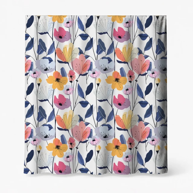 Badeforhæng – blomster i pink, gul, blå og sort på hvid baggrund med stiliserede blomster og blade.