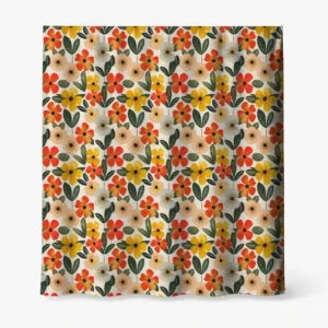 Badeforhæng – blomsterprint med røde, gule, orange blomster og grønne blade på glat tekstil.