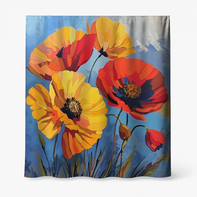 Badeforhæng – blomstermotiv med store valmuer i gult, rødt, orange, grønne stilke og blå himmelbaggrund.