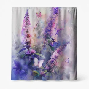 Badeforhæng – blomstermotiv med sommerfugle i nuancer af lilla, pink, blå og grøn med akvarel-effekt.