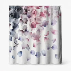 Badeforhæng – kunstnerisk motiv med blomsterblade i grå, sort, pink og blå på lyshvid baggrund.