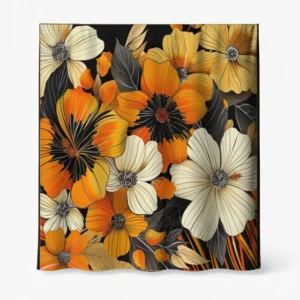 Badeforhæng – badeforhæng med stort blomstermotiv i orange, okker og creme på mørk baggrund.