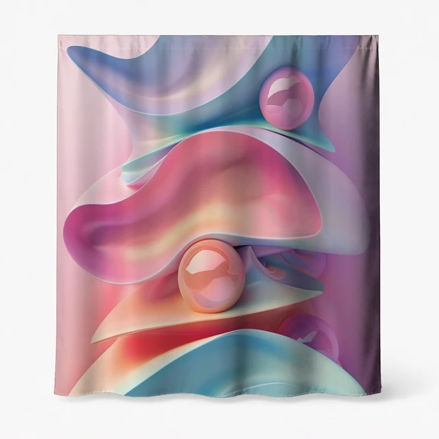 Badeforhæng – kunstnerisk motiv med bølgende linjer og cirkler i pink, blå, orange og lilla nuancer.