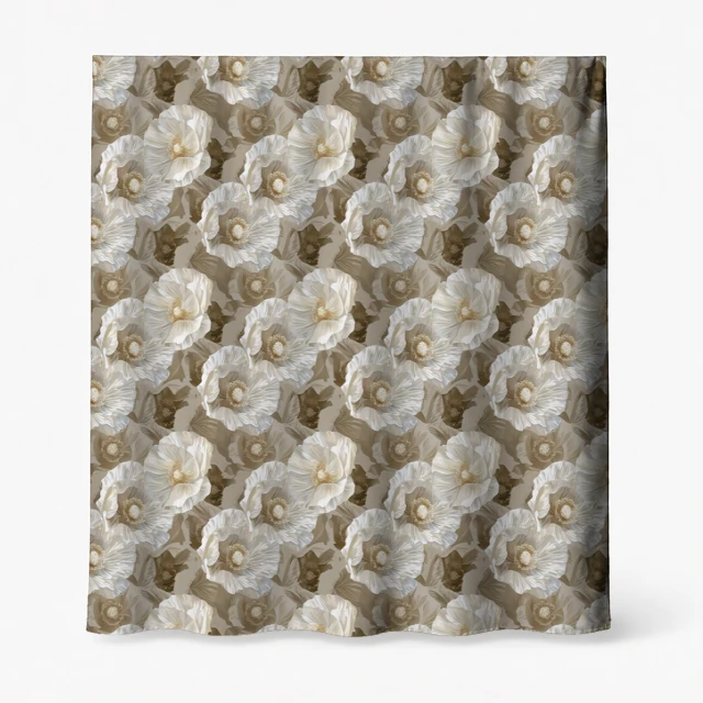 Badeforhæng – blomsterprint med store cremehvide og beige blomster med gyldne centre på taupe baggrund.