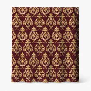 Badeforhæng – symmetrisk mønster med blomsterornamenter i guldorange på dyb maroon baggrund.
