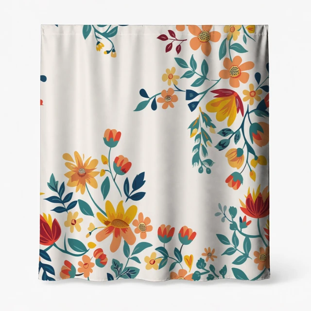 Badeforhæng – blomsterdesign med store gule, orange og røde blomster samt grønne blade på creme baggrund.