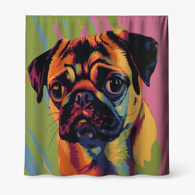 Badeforhæng – farverig mops i pink, blå, orange og grøn med sort kontur på badeforhæng med kunstnerisk motiv.