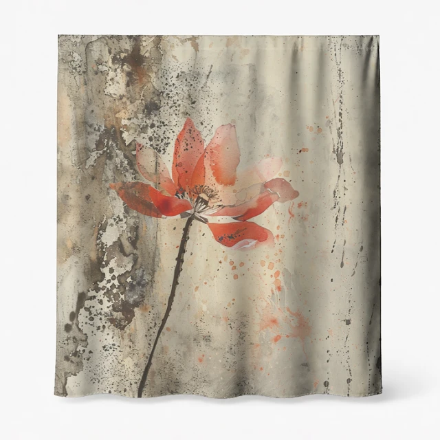 Badeforhæng – kunstnerisk motiv med stor orange-rød blomst på grå, beige og brune abstrakte baggrunde.