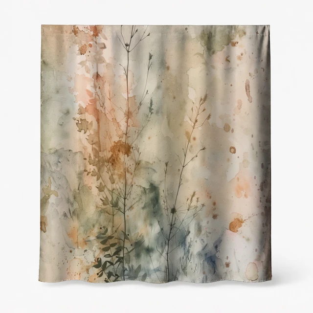 Badeforhæng – naturinspireret motiv med sarte planter i beige, grøn, rust og blå nuancer på lyse baggrund.