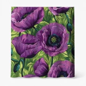 Badeforhæng – stort floral motiv med violet og lilla valmuer på grøn baggrund med blade og stængler.