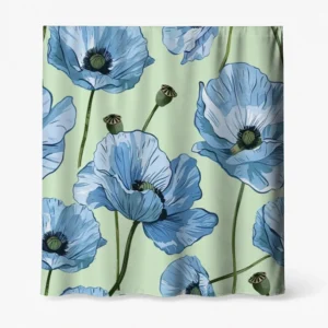 Badeforhæng – blåt valmueblomstermotiv med nuancer af lys og mørk blå på pastelgrøn baggrund med svage striber.