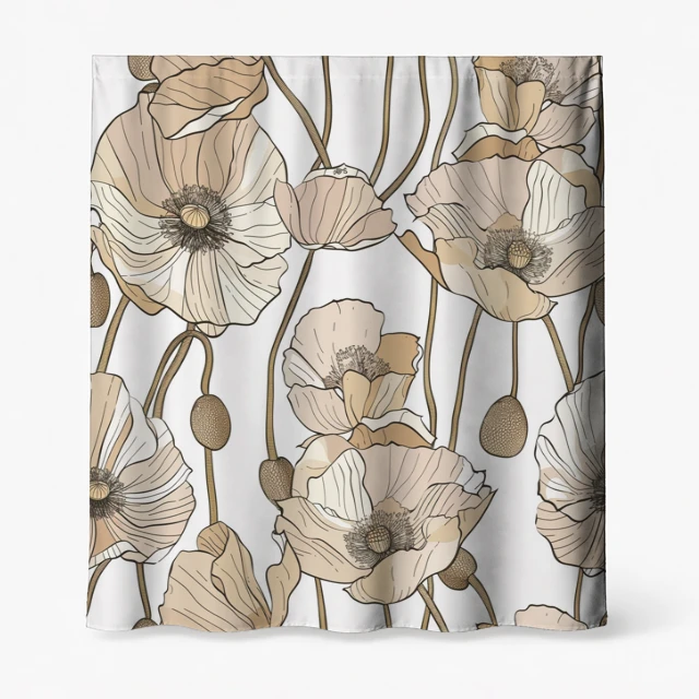 Badeforhæng – blomstermotiv med valmuer i beige, creme og brun på hvid baggrund med bølgende stængler.