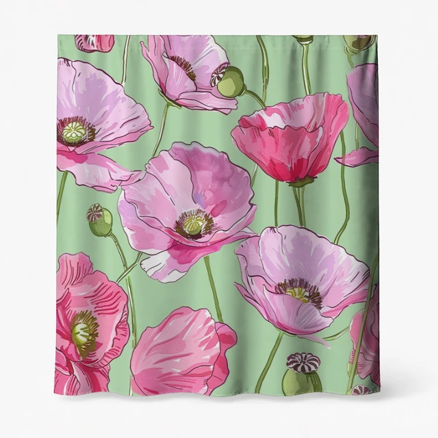 Badeforhæng – blomsterdesign med store pink og fuchsia valmuer på lysegrøn baggrund med grønne blade.