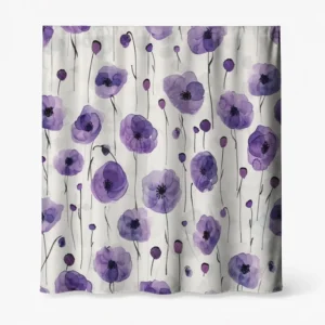 Badeforhæng – akvarelblomster i lilla og violet med sorte stilke på hvid, transparent baggrund.