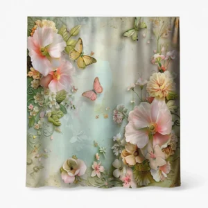 Badeforhæng – farverigt motiv med blomster og sommerfugle i rosa, koral, aqua og grønlige nuancer.