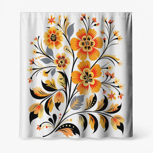 Badeforhæng – blomstermotiv med store orange, gule og sorte blomster på hvid baggrund.