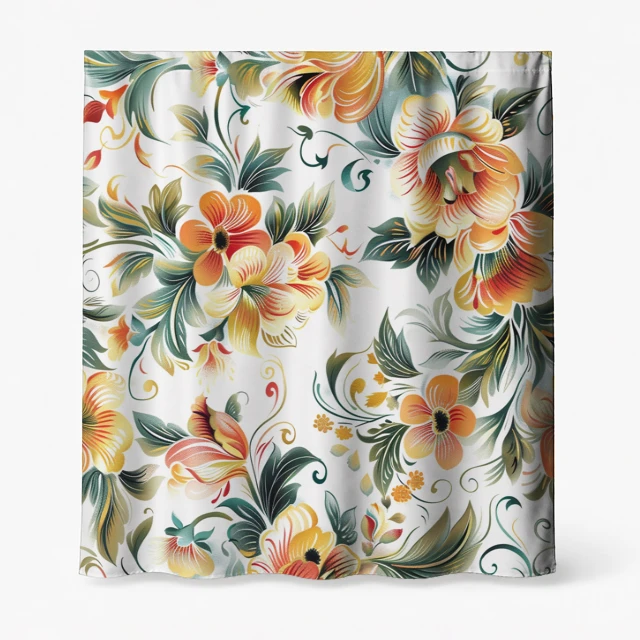 Badeforhæng – blomstermønster med store orange, gule og creme blomster samt grønne blade på neutral baggrund.