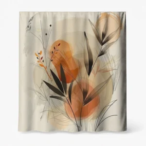 Badeforhæng – abstrakt naturmotiv med blade og stilke i beige, rustrød, sort og orange detaljer.