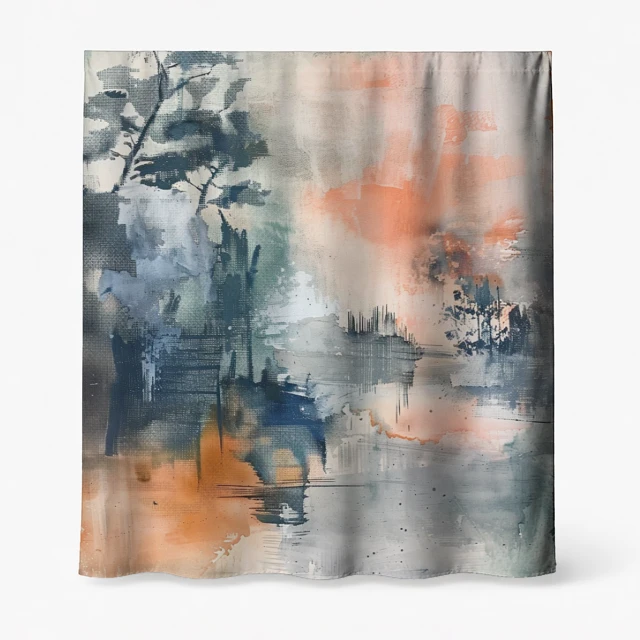 Badeforhæng – abstrakt kunstnerisk motiv med koral, grå, blå og sorte nuancer, inspireret af natur og planter.