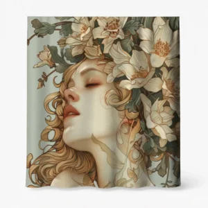 Badeforhæng – motiv med kvinde omgivet af blomster og løv i grønne, beige, hvide og gyldne farver.