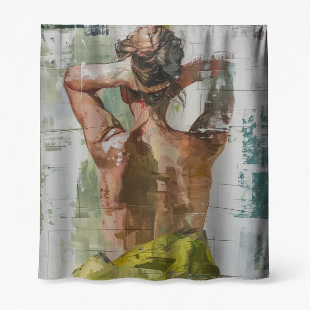 Badeforhæng – kunstnerisk motiv af kvinde med løftet hår, farver i beige, brun, olivengrøn og grønne striber.