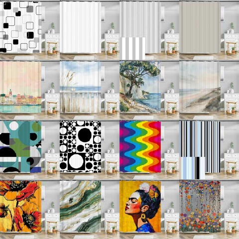 Badeforhæng for alle! Billedet viser eksempler på badeforhæng i forskellige stilarter så du kan se hvor mange temaer der er - lige fra det enkle og nordiske, til farverige og kunstneriske.