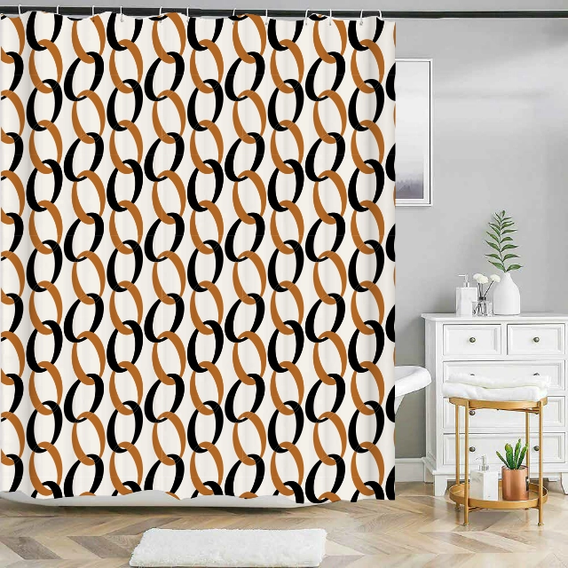 Badeforhæng med retro mønster af bølgende former i karamel og sort