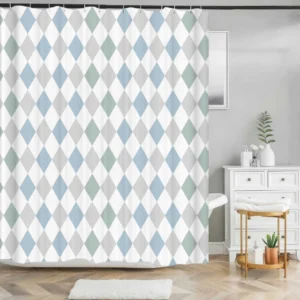 Badeforhæng med harlekin mønster i lyseblå, grøn og grå