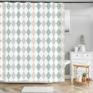 Badeforhæng med harlekin mønster i støvet grøn, beige og grå