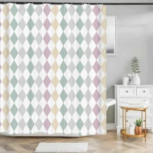 Badeforhæng med harlekin mønster i pastel grøn, rosa, beige og grå